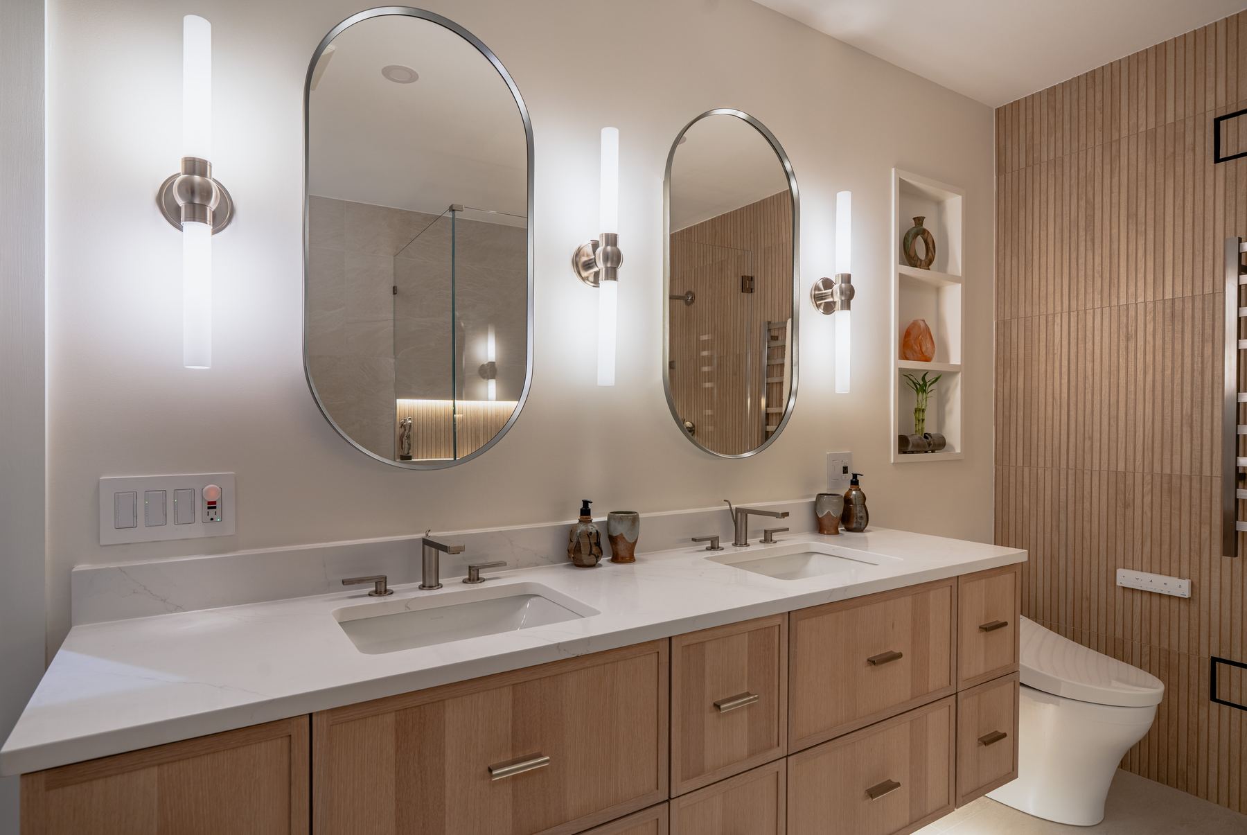 Modern double-vanity bathroom remodel on Edgemoor Lane in Bethesda MD